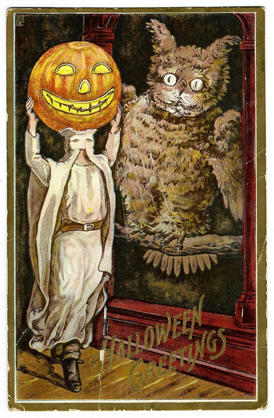 Lot 137 - Antique Embossed Hallowe'en Postcard “Hallowe'en Greetings” Depicting Ghost With Jack-O-Lantern Head Before Large Owl, Copyright Florence Bamberger, Not Postmarked, Written On Verso