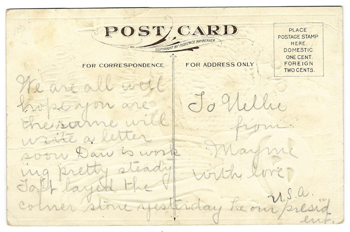 Lot 137 - Antique Embossed Hallowe'en Postcard “Hallowe'en Greetings” Depicting Ghost With Jack-O-Lantern Head Before Large Owl, Copyright Florence Bamberger, Not Postmarked, Written On Verso