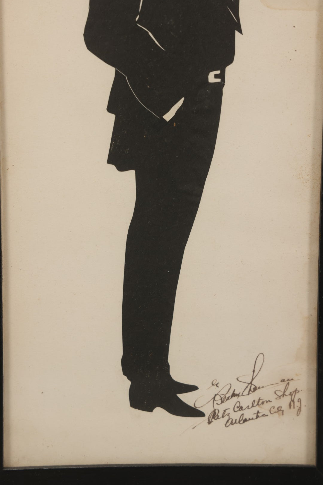 Lot 138 - Antique Hand-Cut Paper Silhouette Of Man In Suit With Tie, Hands In Pockets, By Beatrix Sherman, Ritz-Carlton Shop, Atlantic City, New Jersey, Circa 1930, 6-1/4" x 12-3/4"