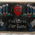 Lot 139 - Vintage Reverse Glass Tinsel Painting "God Bless Our Home" With Sacred Heart, Angels, And Candles, 16-3/4" x 12-3/4"