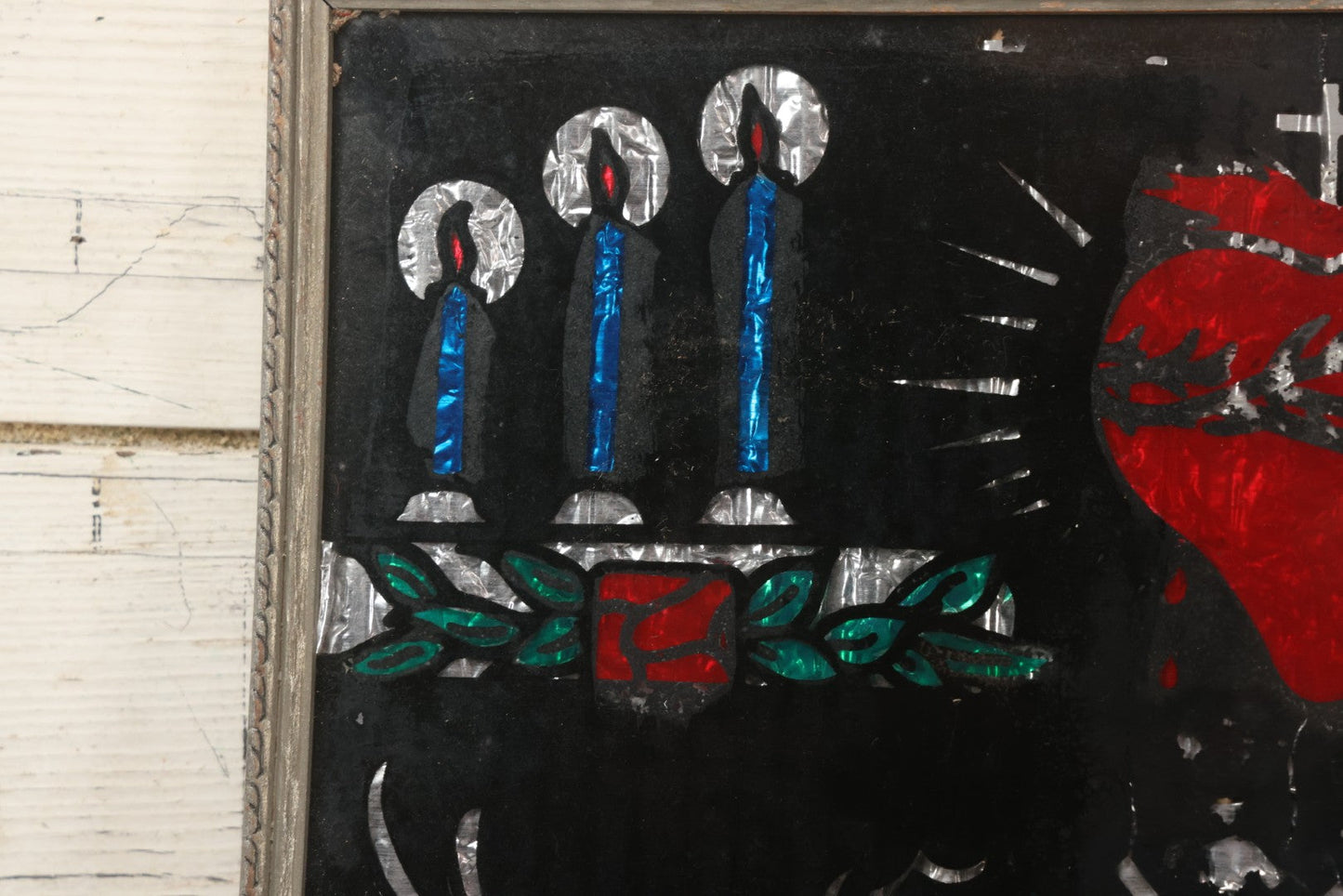 Lot 139 - Vintage Reverse Glass Tinsel Painting "God Bless Our Home" With Sacred Heart, Angels, And Candles, 16-3/4" x 12-3/4"