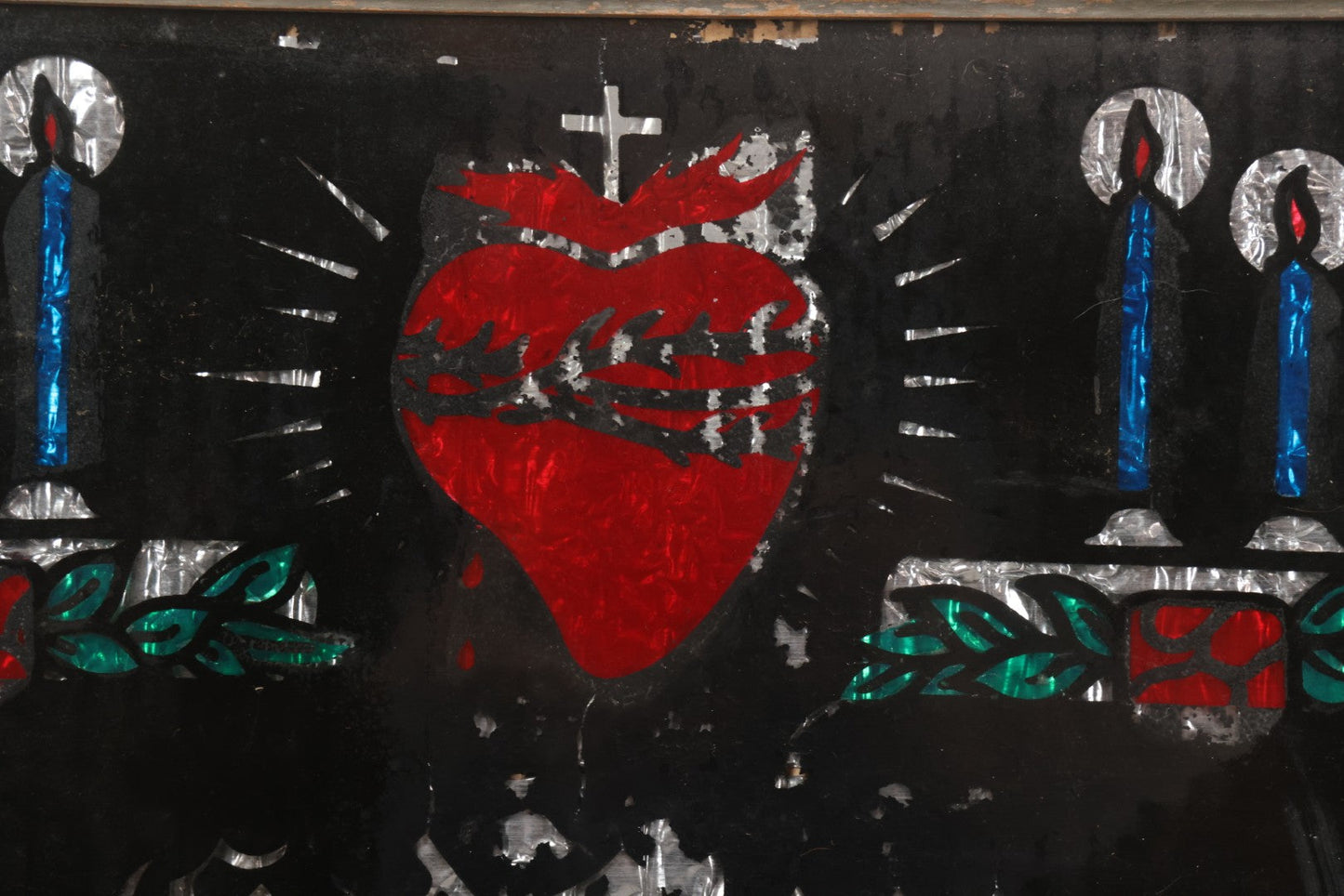 Lot 139 - Vintage Reverse Glass Tinsel Painting "God Bless Our Home" With Sacred Heart, Angels, And Candles, 16-3/4" x 12-3/4"