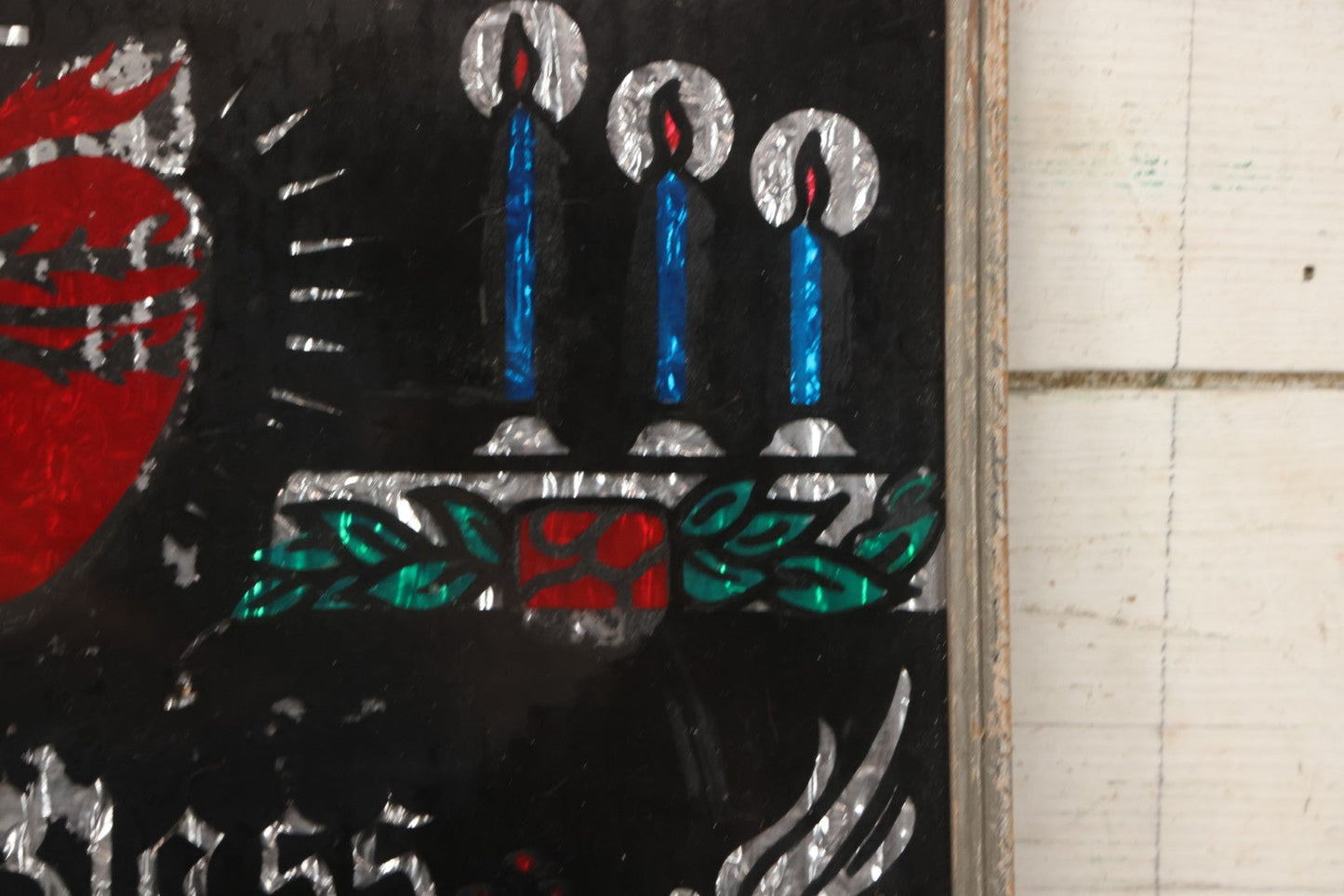 Lot 139 - Vintage Reverse Glass Tinsel Painting "God Bless Our Home" With Sacred Heart, Angels, And Candles, 16-3/4" x 12-3/4"