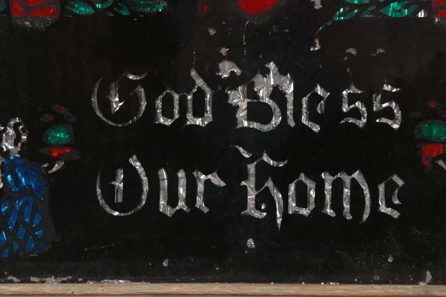 Lot 139 - Vintage Reverse Glass Tinsel Painting "God Bless Our Home" With Sacred Heart, Angels, And Candles, 16-3/4" x 12-3/4"