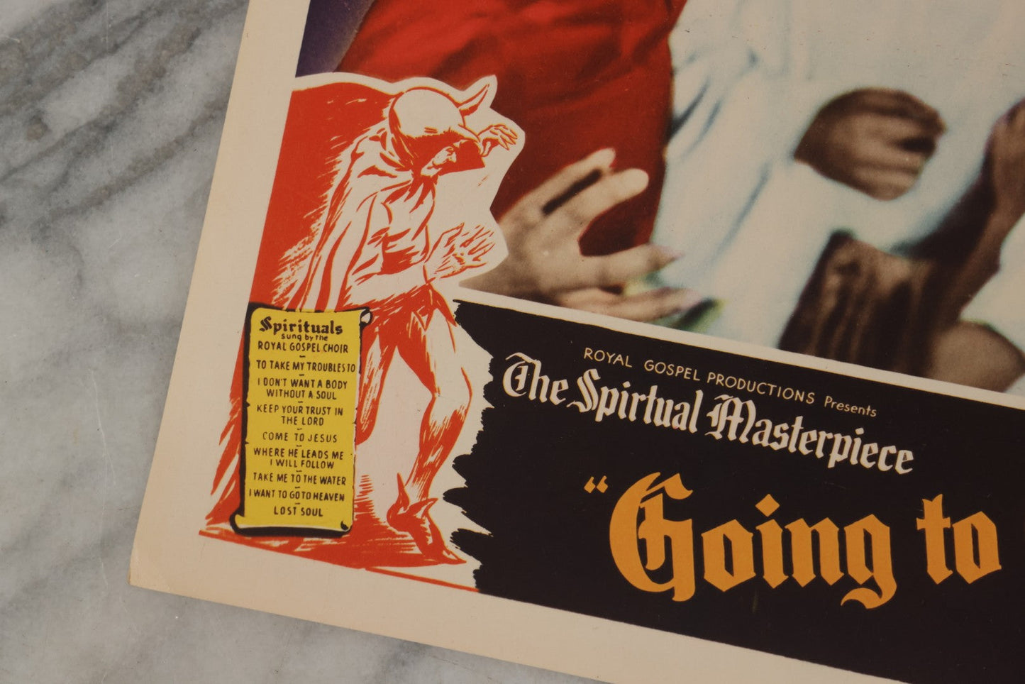 Lot 144 - Vintage Lobby Card From The All-Black Cast Gospel Race Film "Going To Glory ... Come To Jesus" Depicting The Devil Confronting The Prophet And Woman, Royal Gospel Productions, Circa 1946–1947, Lost Film, 14" x 11"