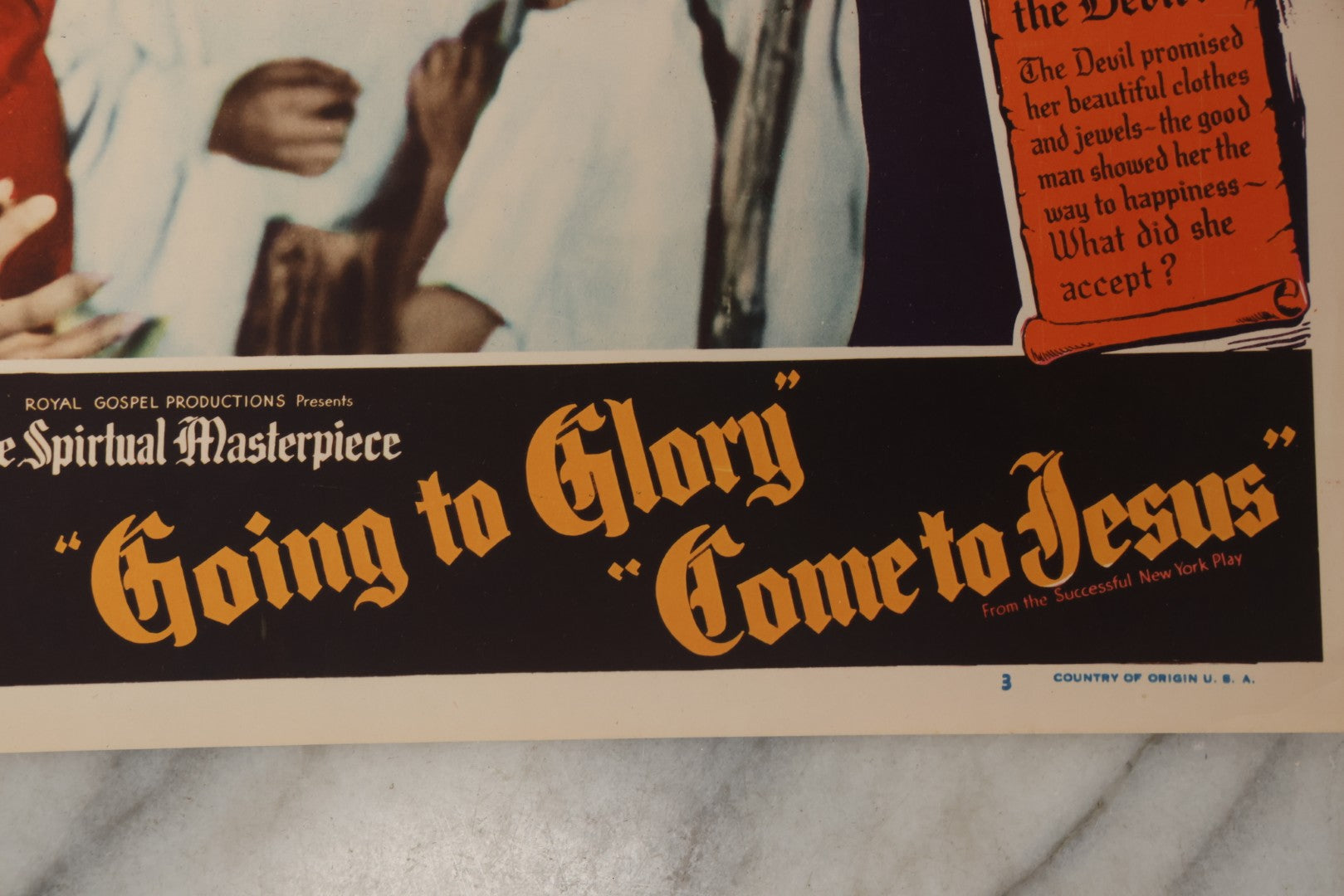 Lot 144 - Vintage Lobby Card From The All-Black Cast Gospel Race Film "Going To Glory ... Come To Jesus" Depicting The Devil Confronting The Prophet And Woman, Royal Gospel Productions, Circa 1946–1947, Lost Film, 14" x 11"