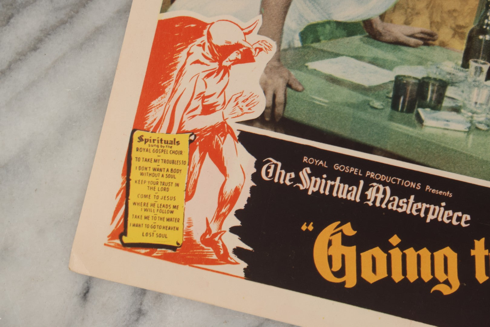 Lot 145 - Vintage Lobby Card From The All-Black Cast Gospel Race Film "Going To Glory ... Come To Jesus" Depicting A Barroom Temptation Scene With The Devil's Influence, Royal Gospel Productions, Circa 1946–1947, Lost Film, 14" x 11"