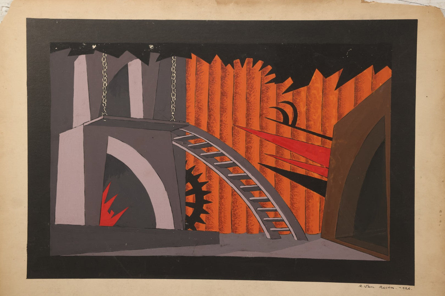 Lot 149 - Antique Hand-Painted Theatrical Set Design For “Princess Turandot” Featuring An Industrial Stage Interior With Arches, Gears, And Flame Motifs, By Robert E. Van Rosen (1904–1966), Gouache On Bainbridge Illustration Board No. 80, 1926, 20" x 15"