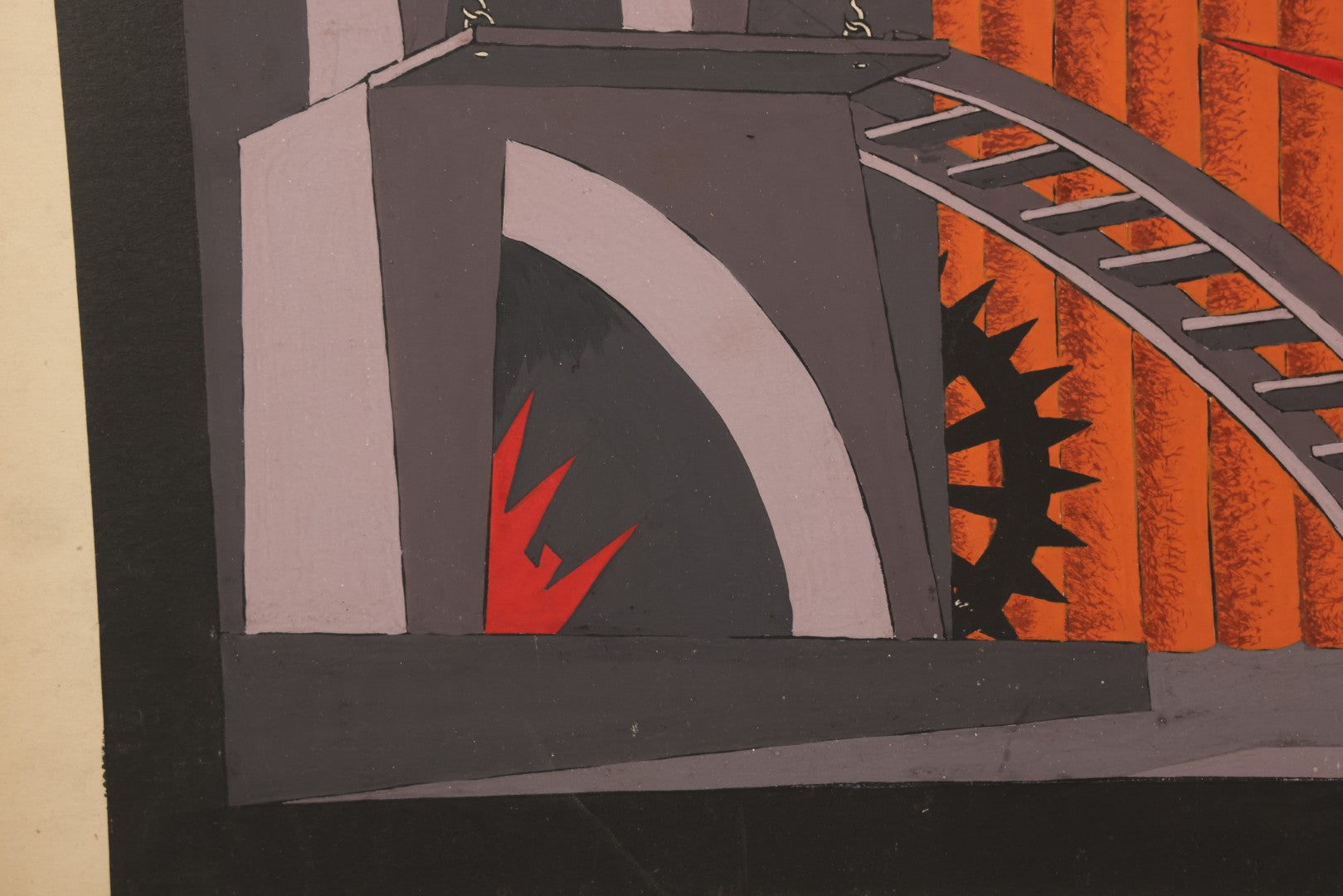 Lot 149 - Antique Hand-Painted Theatrical Set Design For “Princess Turandot” Featuring An Industrial Stage Interior With Arches, Gears, And Flame Motifs, By Robert E. Van Rosen (1904–1966), Gouache On Bainbridge Illustration Board No. 80, 1926, 20" x 15"