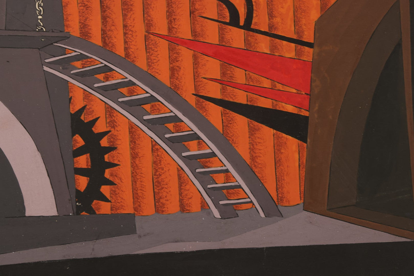 Lot 149 - Antique Hand-Painted Theatrical Set Design For “Princess Turandot” Featuring An Industrial Stage Interior With Arches, Gears, And Flame Motifs, By Robert E. Van Rosen (1904–1966), Gouache On Bainbridge Illustration Board No. 80, 1926, 20" x 15"