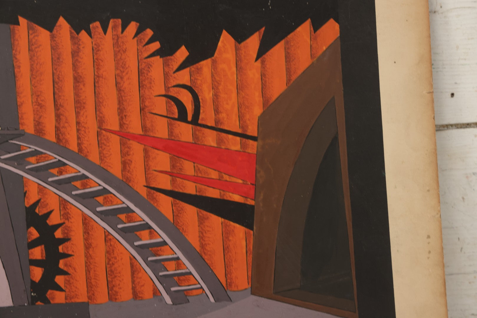 Lot 149 - Antique Hand-Painted Theatrical Set Design For “Princess Turandot” Featuring An Industrial Stage Interior With Arches, Gears, And Flame Motifs, By Robert E. Van Rosen (1904–1966), Gouache On Bainbridge Illustration Board No. 80, 1926, 20" x 15"