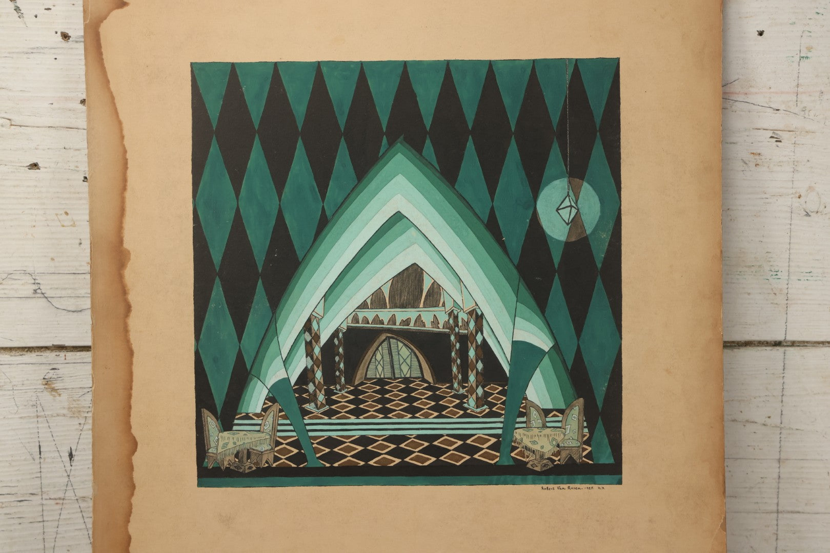 Lot 151 - Vintage Hand-Painted Theatrical Set Design For “The Veil Of Pierrette” Featuring A Turquoise And Black Harlequin-Patterned Backdrop, By Robert E. Van Rosen (1904–1966), Gouache On Sam Flax Illustration Board, 1925, 15" x 20"