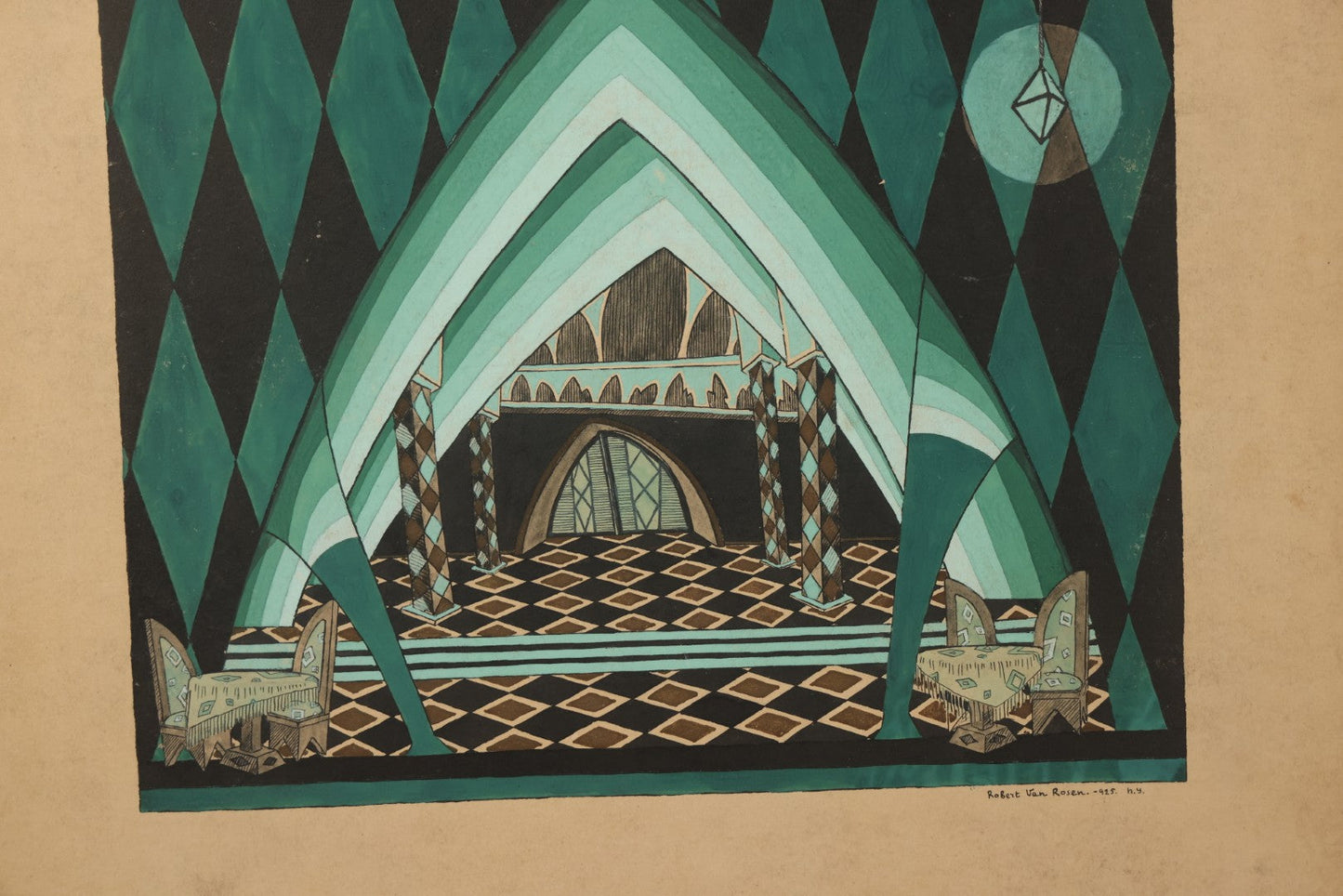 Lot 151 - Vintage Hand-Painted Theatrical Set Design For “The Veil Of Pierrette” Featuring A Turquoise And Black Harlequin-Patterned Backdrop, By Robert E. Van Rosen (1904–1966), Gouache On Sam Flax Illustration Board, 1925, 15" x 20"