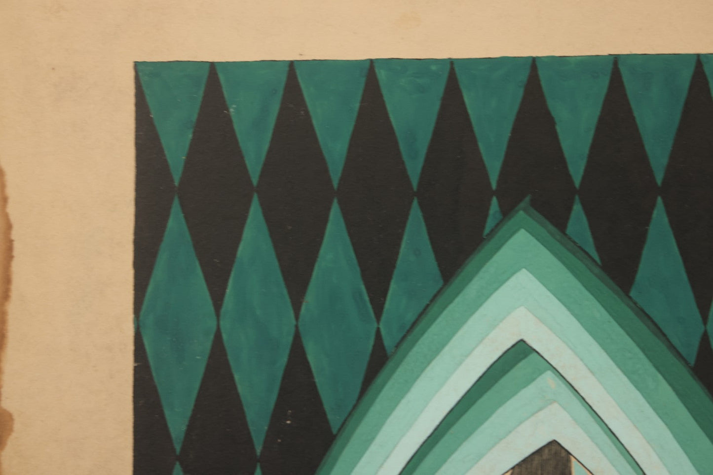 Lot 151 - Vintage Hand-Painted Theatrical Set Design For “The Veil Of Pierrette” Featuring A Turquoise And Black Harlequin-Patterned Backdrop, By Robert E. Van Rosen (1904–1966), Gouache On Sam Flax Illustration Board, 1925, 15" x 20"