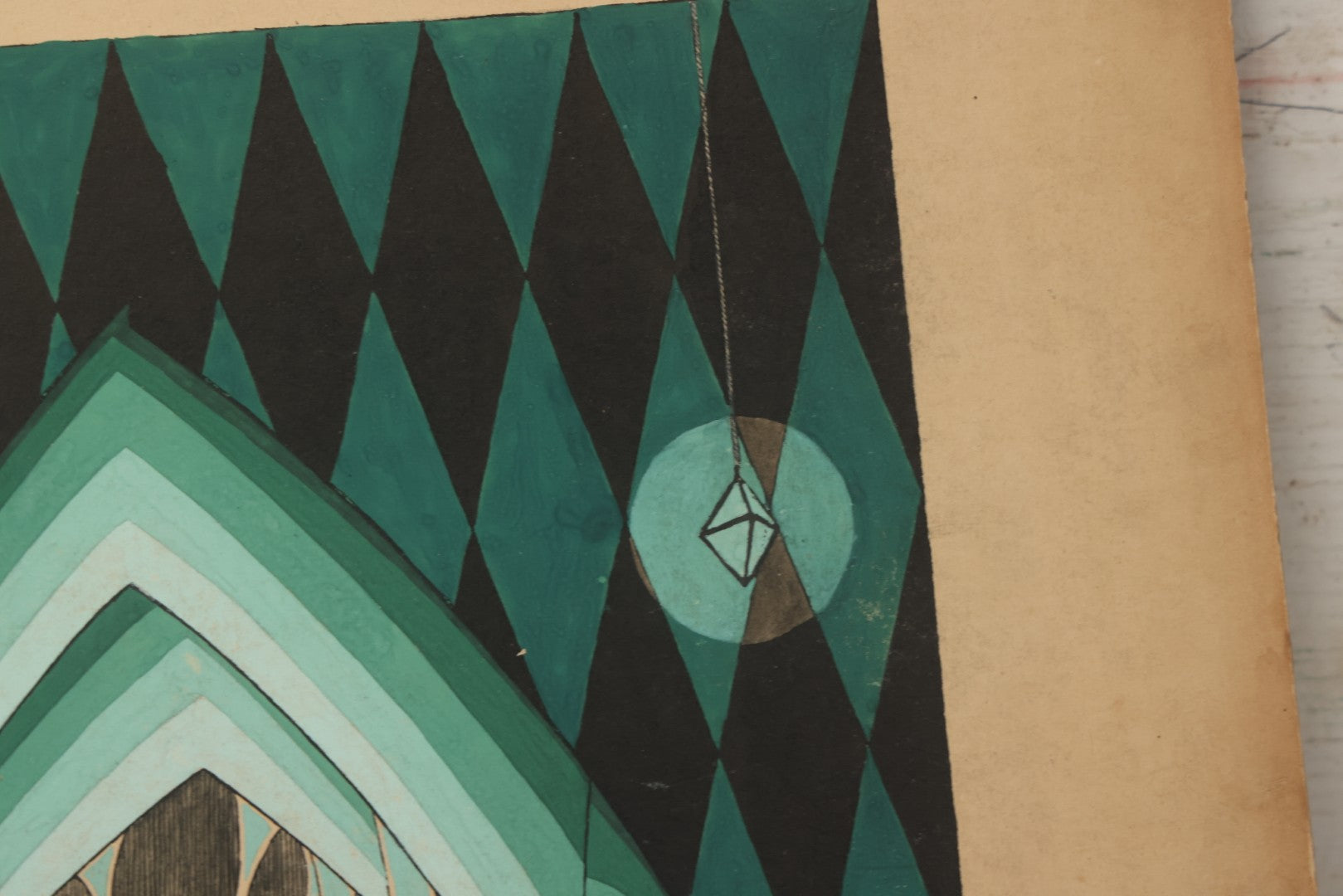 Lot 151 - Vintage Hand-Painted Theatrical Set Design For “The Veil Of Pierrette” Featuring A Turquoise And Black Harlequin-Patterned Backdrop, By Robert E. Van Rosen (1904–1966), Gouache On Sam Flax Illustration Board, 1925, 15" x 20"
