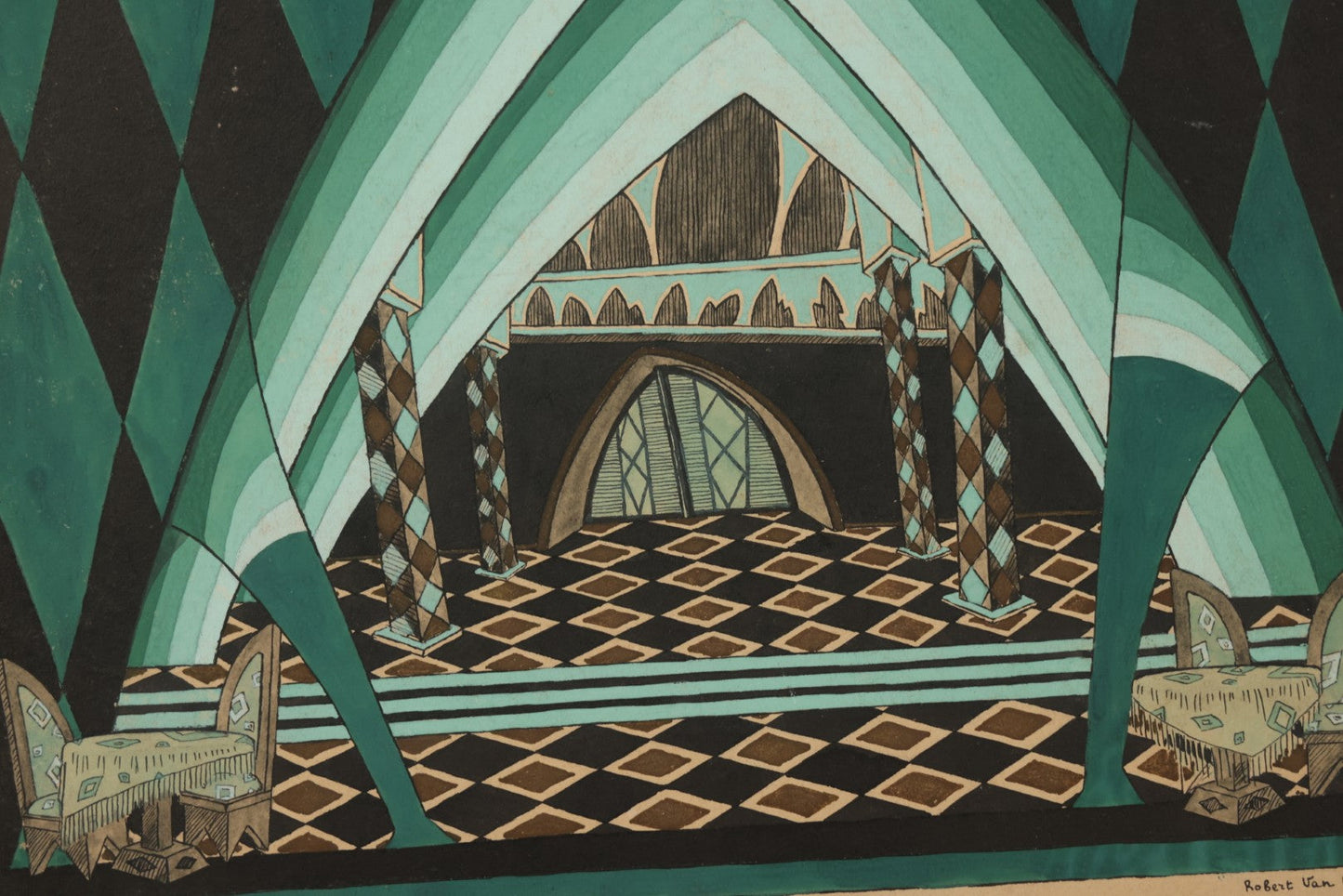 Lot 151 - Vintage Hand-Painted Theatrical Set Design For “The Veil Of Pierrette” Featuring A Turquoise And Black Harlequin-Patterned Backdrop, By Robert E. Van Rosen (1904–1966), Gouache On Sam Flax Illustration Board, 1925, 15" x 20"