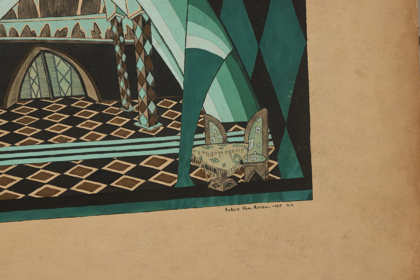Lot 151 - Vintage Hand-Painted Theatrical Set Design For “The Veil Of Pierrette” Featuring A Turquoise And Black Harlequin-Patterned Backdrop, By Robert E. Van Rosen (1904–1966), Gouache On Sam Flax Illustration Board, 1925, 15" x 20"