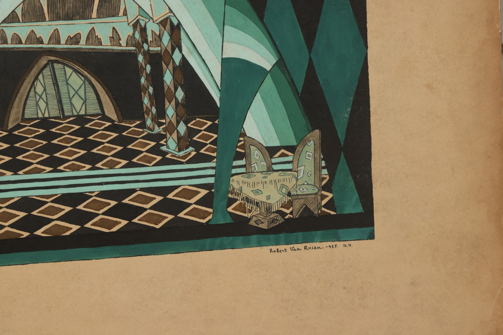 Lot 151 - Vintage Hand-Painted Theatrical Set Design For “The Veil Of Pierrette” Featuring A Turquoise And Black Harlequin-Patterned Backdrop, By Robert E. Van Rosen (1904–1966), Gouache On Sam Flax Illustration Board, 1925, 15" x 20"