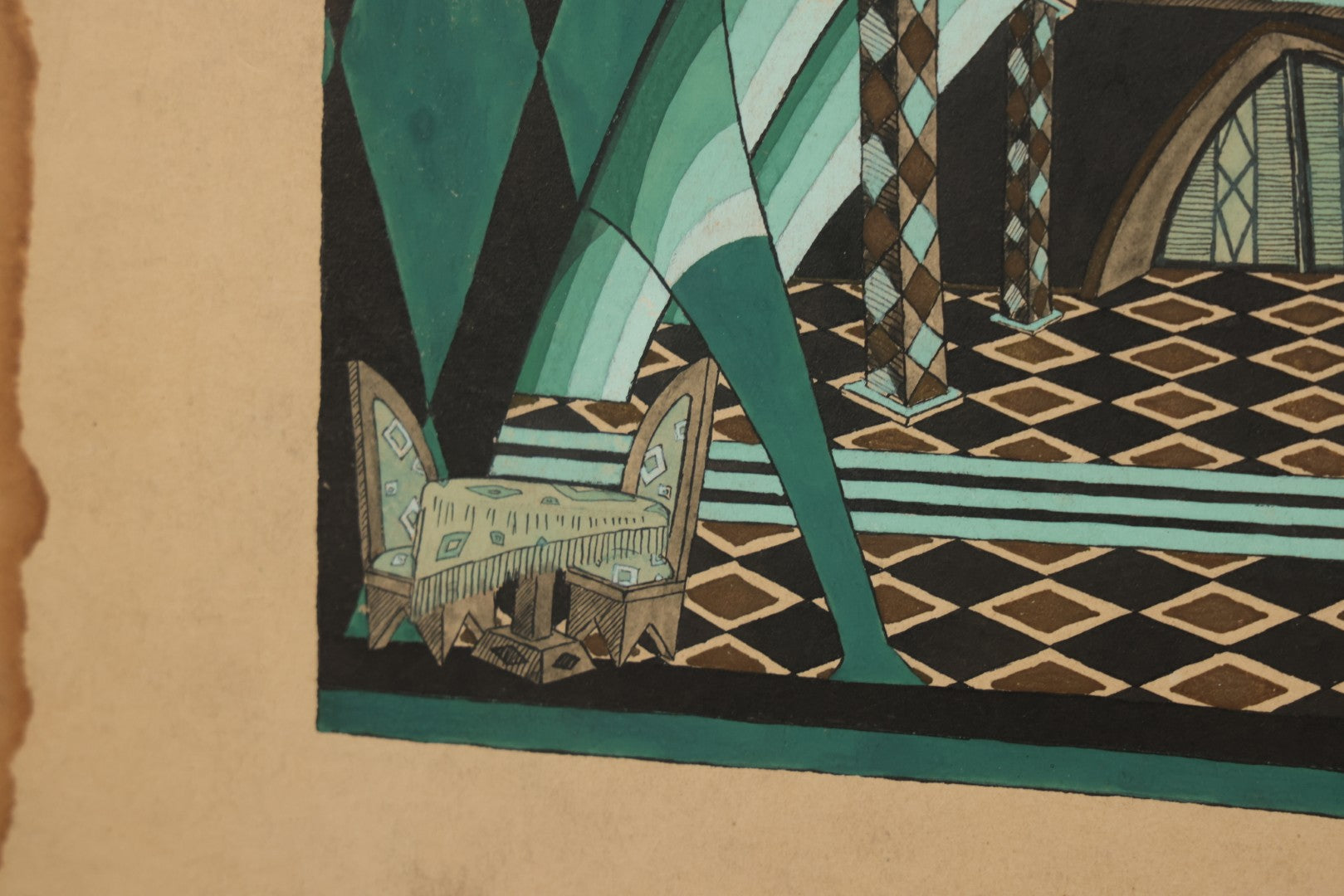 Lot 151 - Vintage Hand-Painted Theatrical Set Design For “The Veil Of Pierrette” Featuring A Turquoise And Black Harlequin-Patterned Backdrop, By Robert E. Van Rosen (1904–1966), Gouache On Sam Flax Illustration Board, 1925, 15" x 20"
