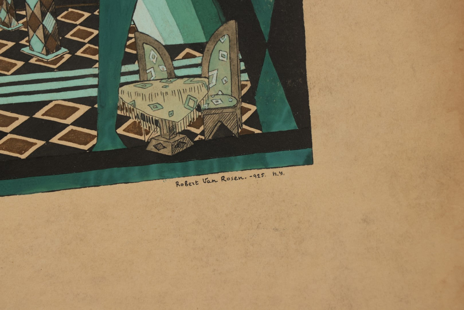 Lot 151 - Vintage Hand-Painted Theatrical Set Design For “The Veil Of Pierrette” Featuring A Turquoise And Black Harlequin-Patterned Backdrop, By Robert E. Van Rosen (1904–1966), Gouache On Sam Flax Illustration Board, 1925, 15" x 20"