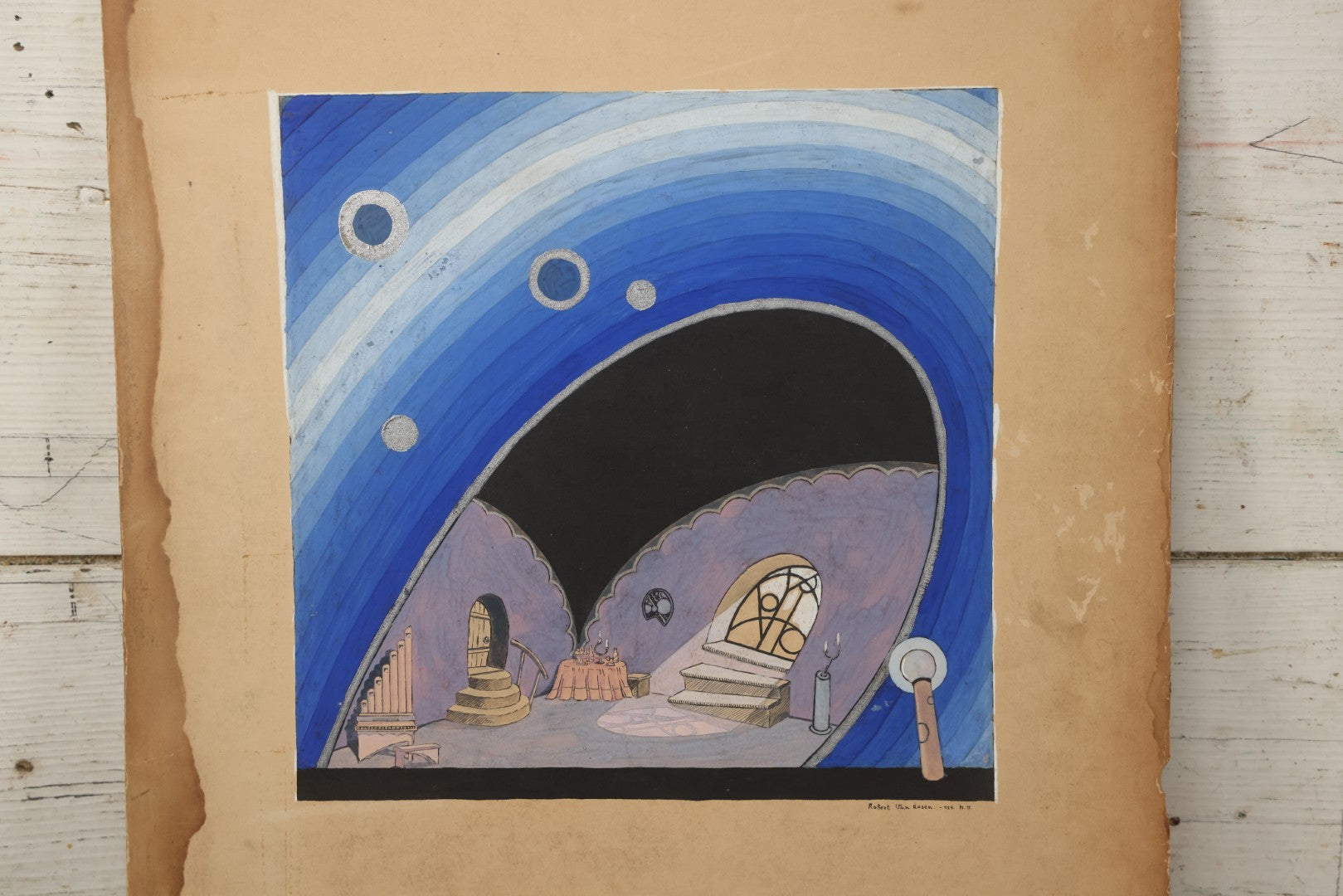 Lot 152 - Vintage Hand-Painted Theatrical Set Design For “The Veil Of Pierrette” Featuring A Blue And Lavender Arched Interior With Silver Celestial Accents, By Robert E. Van Rosen (1904–1966), Gouache On Sam Flax Illustration Board, 1925, 15" x 20"