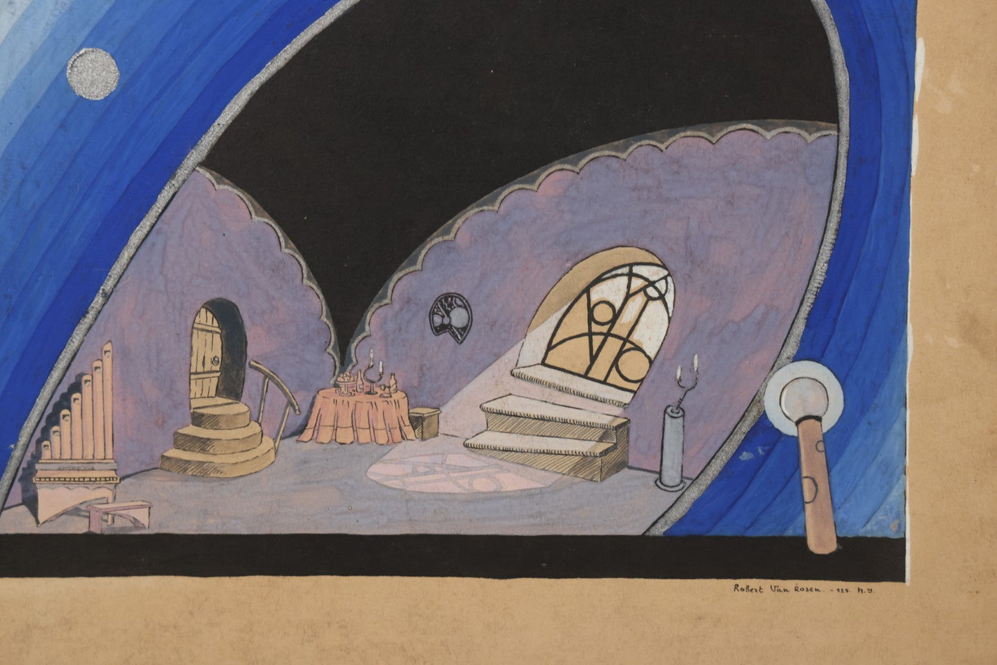 Lot 152 - Vintage Hand-Painted Theatrical Set Design For “The Veil Of Pierrette” Featuring A Blue And Lavender Arched Interior With Silver Celestial Accents, By Robert E. Van Rosen (1904–1966), Gouache On Sam Flax Illustration Board, 1925, 15" x 20"