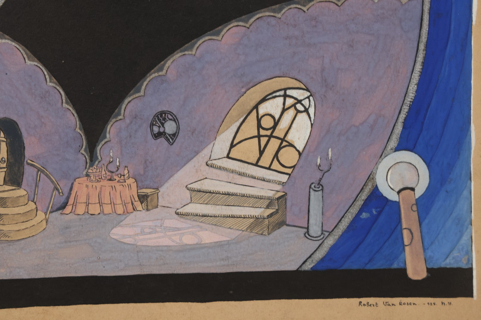 Lot 152 - Vintage Hand-Painted Theatrical Set Design For “The Veil Of Pierrette” Featuring A Blue And Lavender Arched Interior With Silver Celestial Accents, By Robert E. Van Rosen (1904–1966), Gouache On Sam Flax Illustration Board, 1925, 15" x 20"