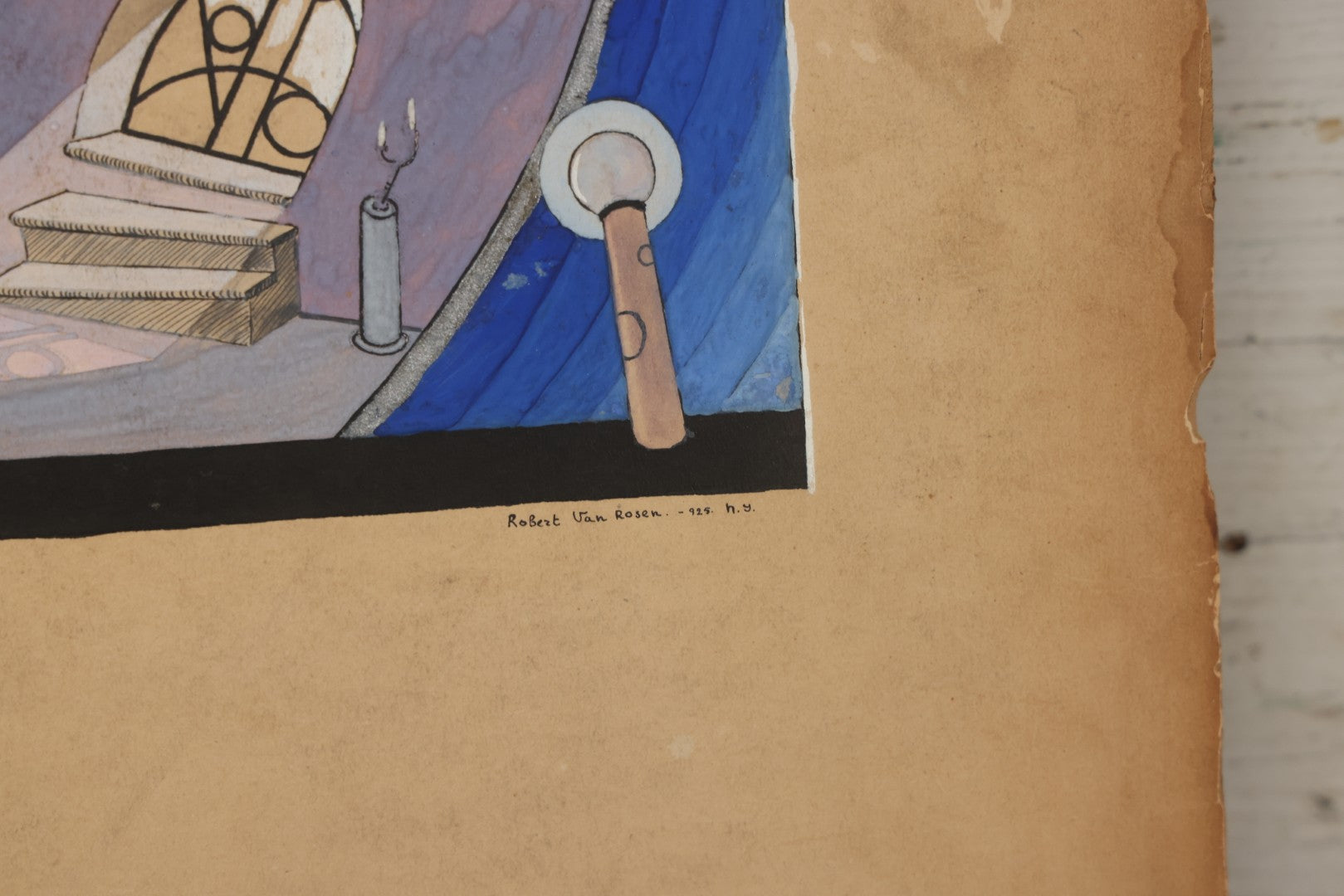 Lot 152 - Vintage Hand-Painted Theatrical Set Design For “The Veil Of Pierrette” Featuring A Blue And Lavender Arched Interior With Silver Celestial Accents, By Robert E. Van Rosen (1904–1966), Gouache On Sam Flax Illustration Board, 1925, 15" x 20"