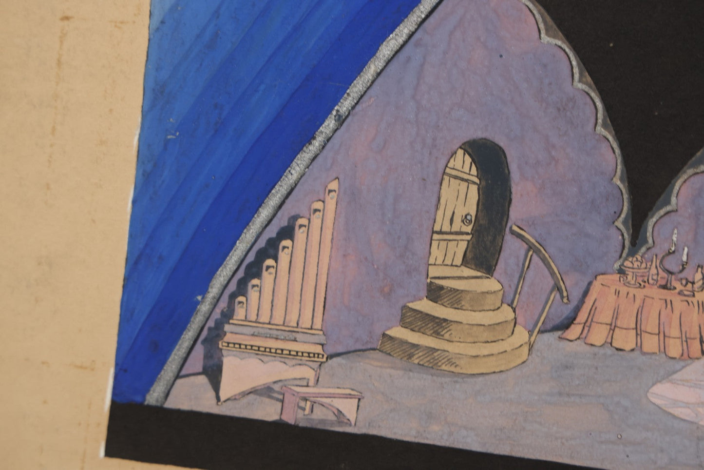 Lot 152 - Vintage Hand-Painted Theatrical Set Design For “The Veil Of Pierrette” Featuring A Blue And Lavender Arched Interior With Silver Celestial Accents, By Robert E. Van Rosen (1904–1966), Gouache On Sam Flax Illustration Board, 1925, 15" x 20"
