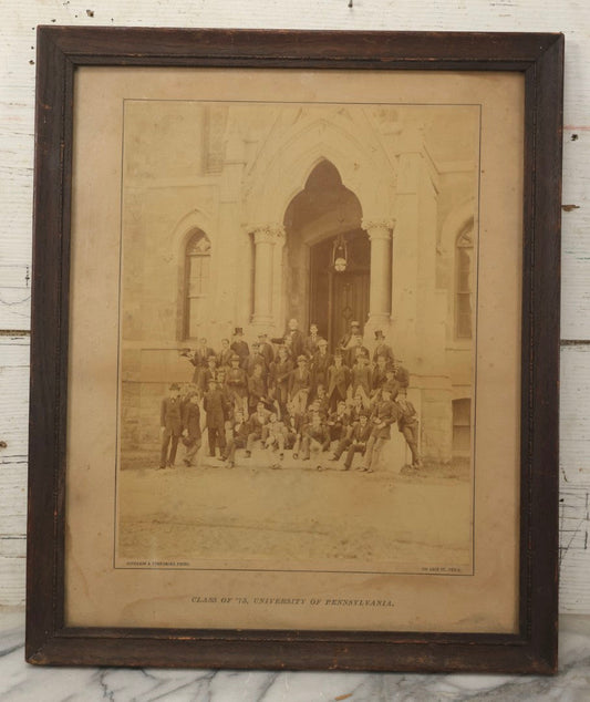 Lot 154 - Antique Boarded Photograph Of The Men Of The Class Of 1873, University Of Pennsylvania, Posed On The Steps Of College Hall, Photographed By Suddards & Fennemore, Philadelphia, Framed, 14-5/8" x 17-5/8"