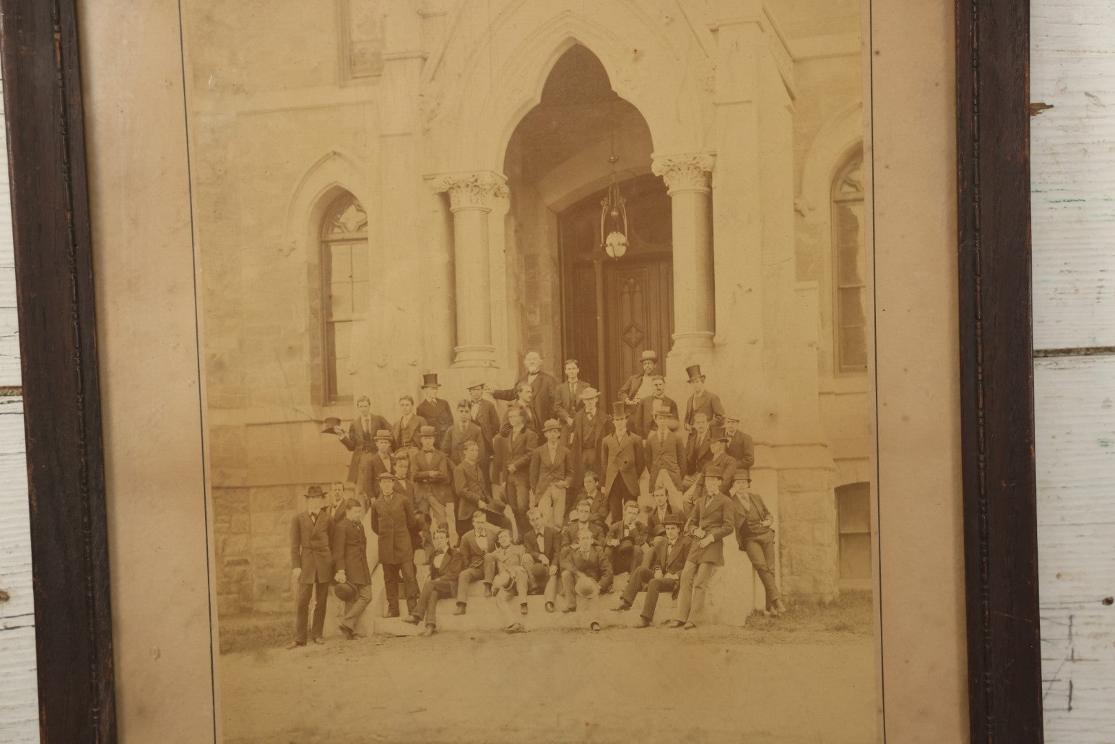 Lot 154 - Antique Boarded Photograph Of The Men Of The Class Of 1873, University Of Pennsylvania, Posed On The Steps Of College Hall, Photographed By Suddards & Fennemore, Philadelphia, Framed, 14-5/8" x 17-5/8"