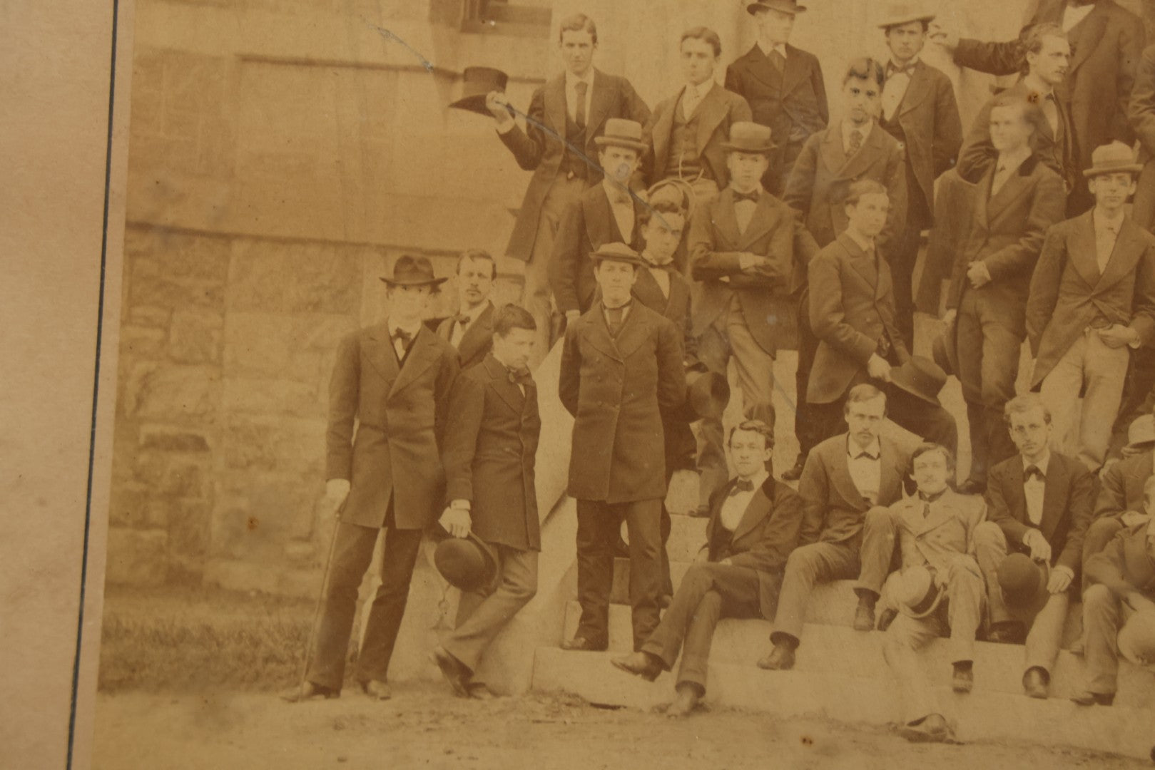 Lot 154 - Antique Boarded Photograph Of The Men Of The Class Of 1873, University Of Pennsylvania, Posed On The Steps Of College Hall, Photographed By Suddards & Fennemore, Philadelphia, Framed, 14-5/8" x 17-5/8"