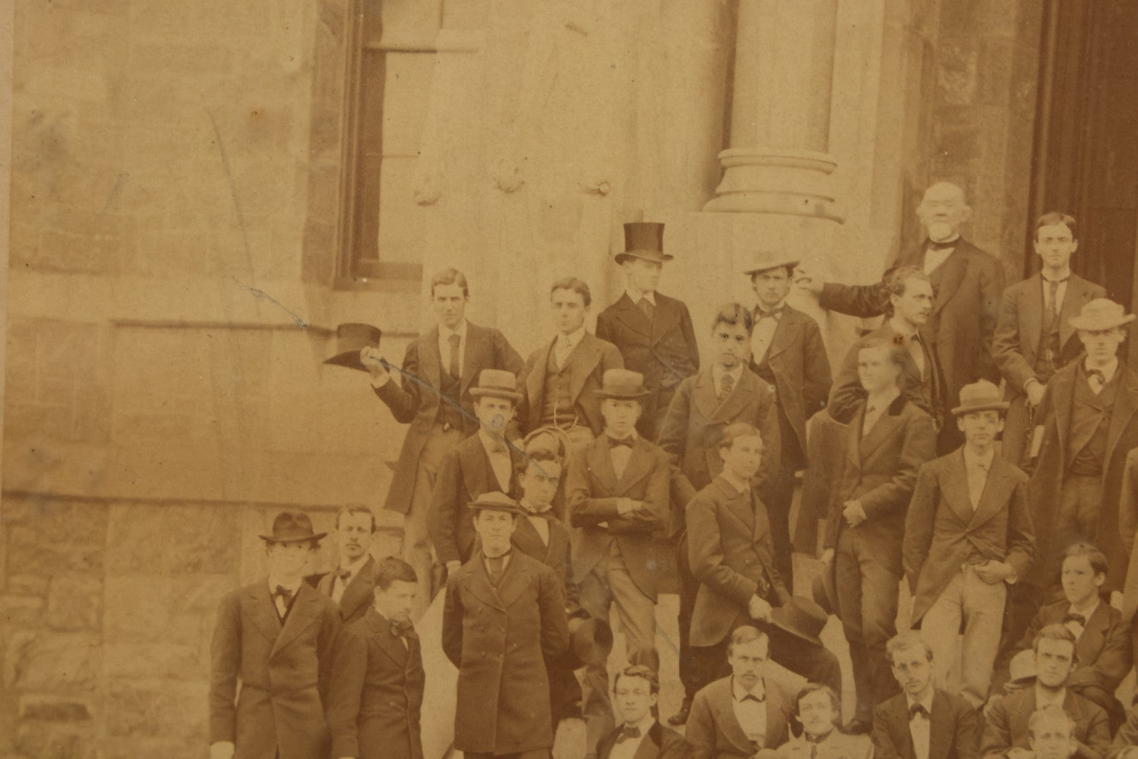 Lot 154 - Antique Boarded Photograph Of The Men Of The Class Of 1873, University Of Pennsylvania, Posed On The Steps Of College Hall, Photographed By Suddards & Fennemore, Philadelphia, Framed, 14-5/8" x 17-5/8"