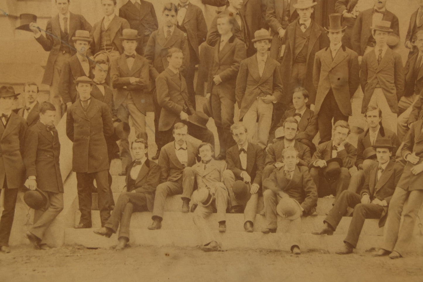 Lot 154 - Antique Boarded Photograph Of The Men Of The Class Of 1873, University Of Pennsylvania, Posed On The Steps Of College Hall, Photographed By Suddards & Fennemore, Philadelphia, Framed, 14-5/8" x 17-5/8"