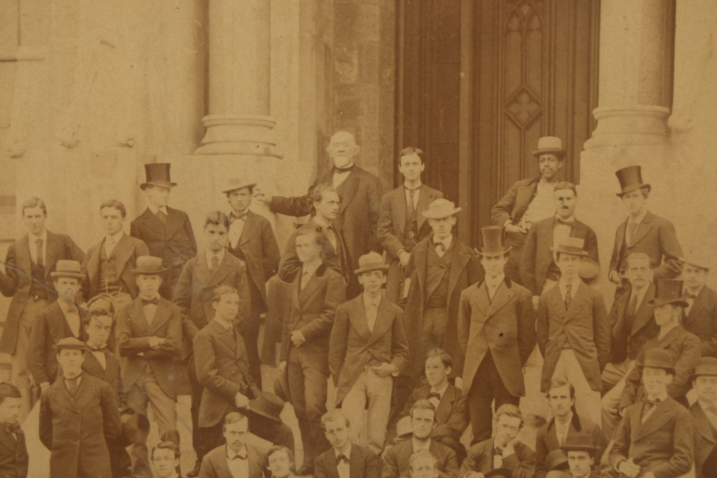 Lot 154 - Antique Boarded Photograph Of The Men Of The Class Of 1873, University Of Pennsylvania, Posed On The Steps Of College Hall, Photographed By Suddards & Fennemore, Philadelphia, Framed, 14-5/8" x 17-5/8"