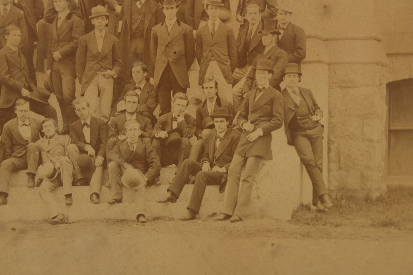 Lot 154 - Antique Boarded Photograph Of The Men Of The Class Of 1873, University Of Pennsylvania, Posed On The Steps Of College Hall, Photographed By Suddards & Fennemore, Philadelphia, Framed, 14-5/8" x 17-5/8"