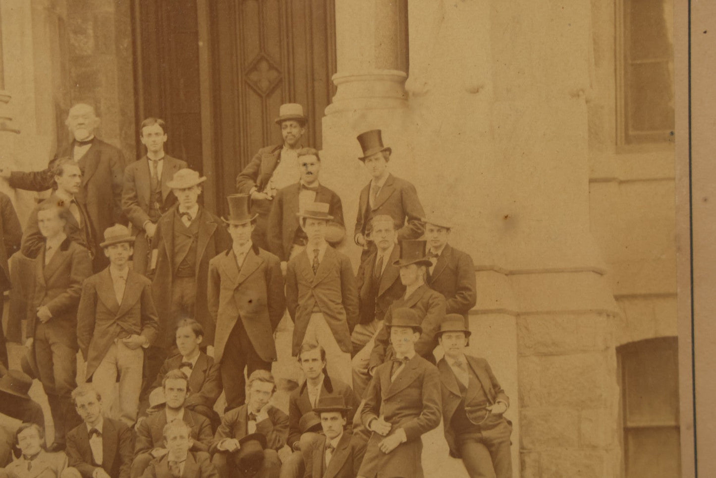 Lot 154 - Antique Boarded Photograph Of The Men Of The Class Of 1873, University Of Pennsylvania, Posed On The Steps Of College Hall, Photographed By Suddards & Fennemore, Philadelphia, Framed, 14-5/8" x 17-5/8"