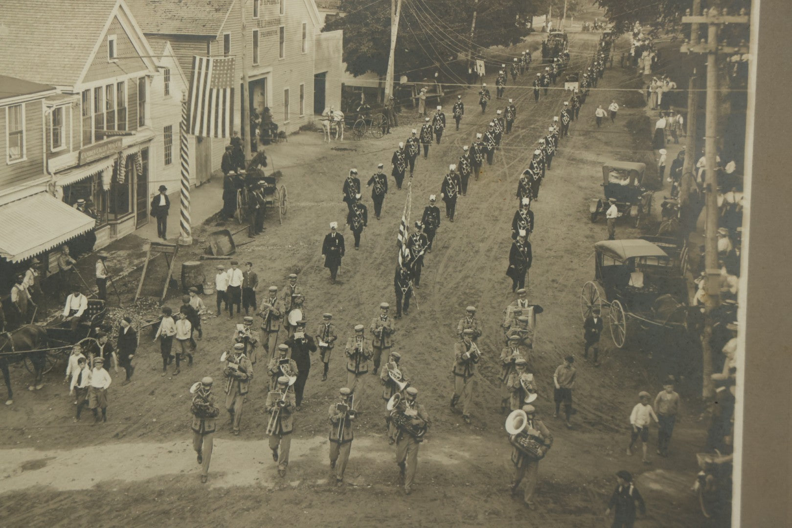 Lot 155 - Antique Boarded Photograph Of Parade On Chestnut Street, Camden, Maine, With Knights Templar / Masons With Skull And Crossbones Aprons Marching, Signed Harris Photo 1909, With Provenance Notes By Fred Crockett, Framed, 14-7/8" x 13"