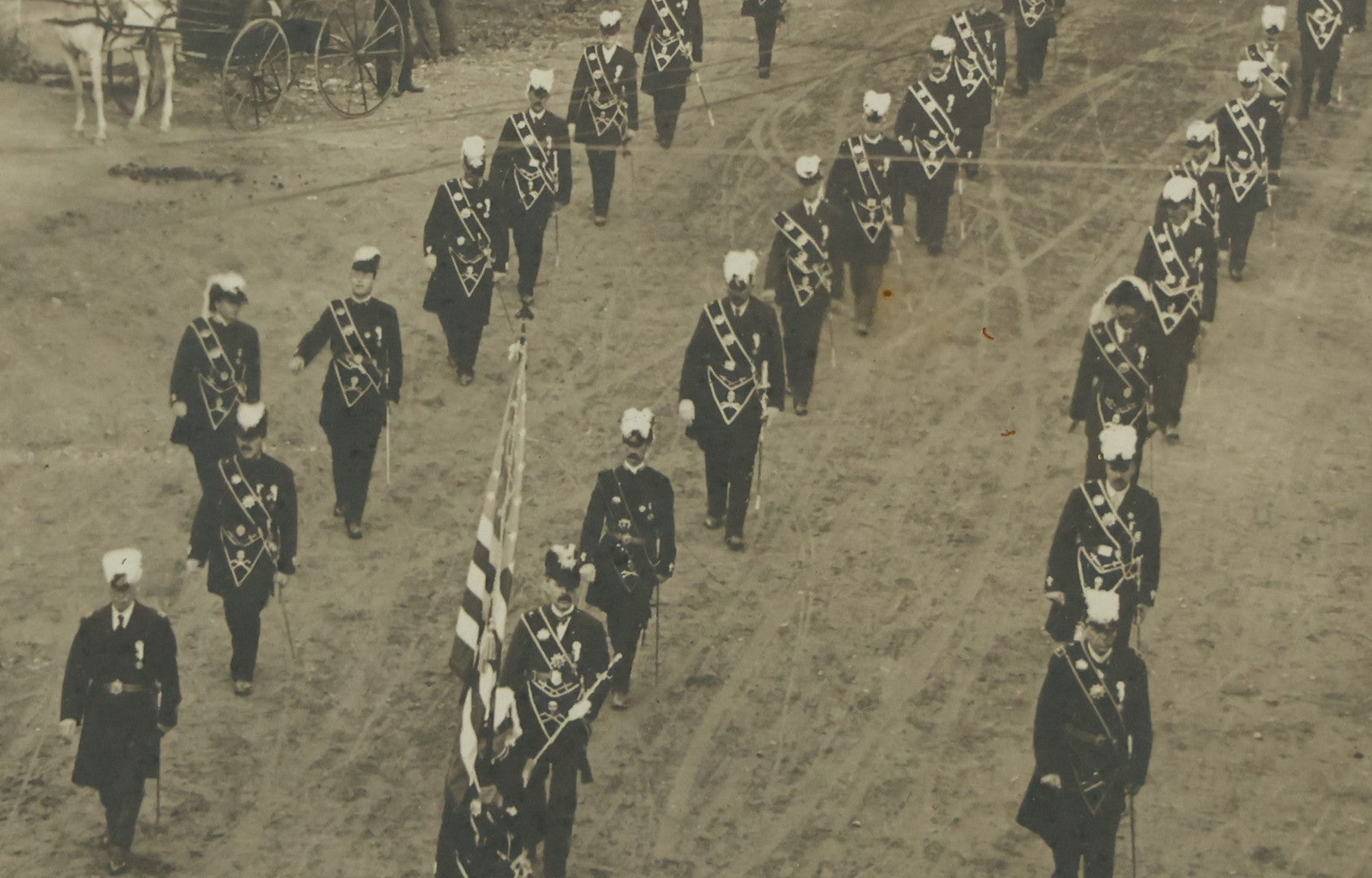 Lot 155 - Antique Boarded Photograph Of Parade On Chestnut Street, Camden, Maine, With Knights Templar / Masons With Skull And Crossbones Aprons Marching, Signed Harris Photo 1909, With Provenance Notes By Fred Crockett, Framed, 14-7/8" x 13"
