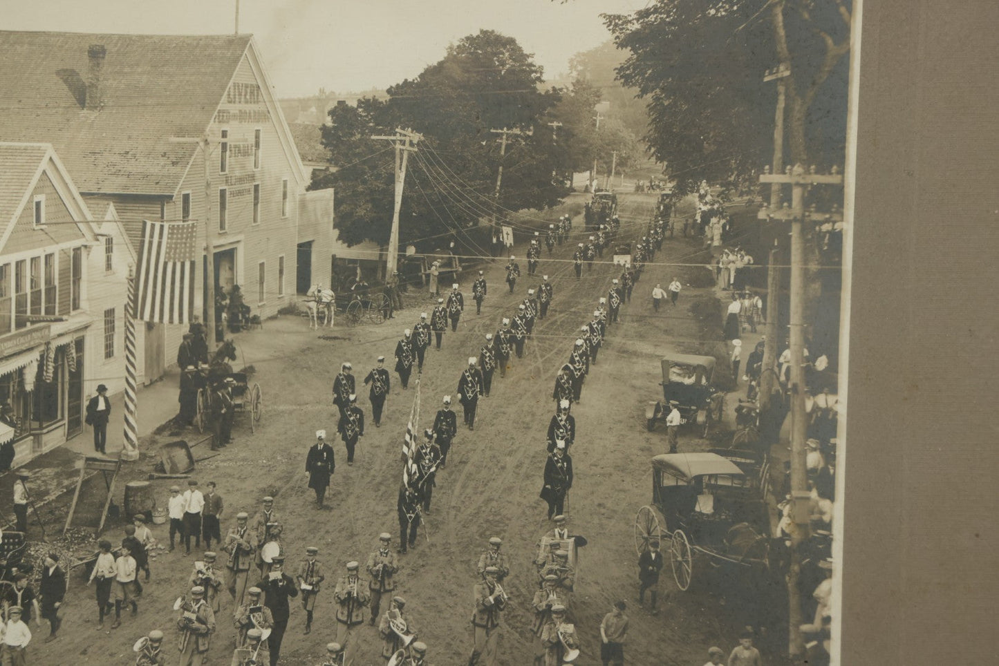 Lot 155 - Antique Boarded Photograph Of Parade On Chestnut Street, Camden, Maine, With Knights Templar / Masons With Skull And Crossbones Aprons Marching, Signed Harris Photo 1909, With Provenance Notes By Fred Crockett, Framed, 14-7/8" x 13"
