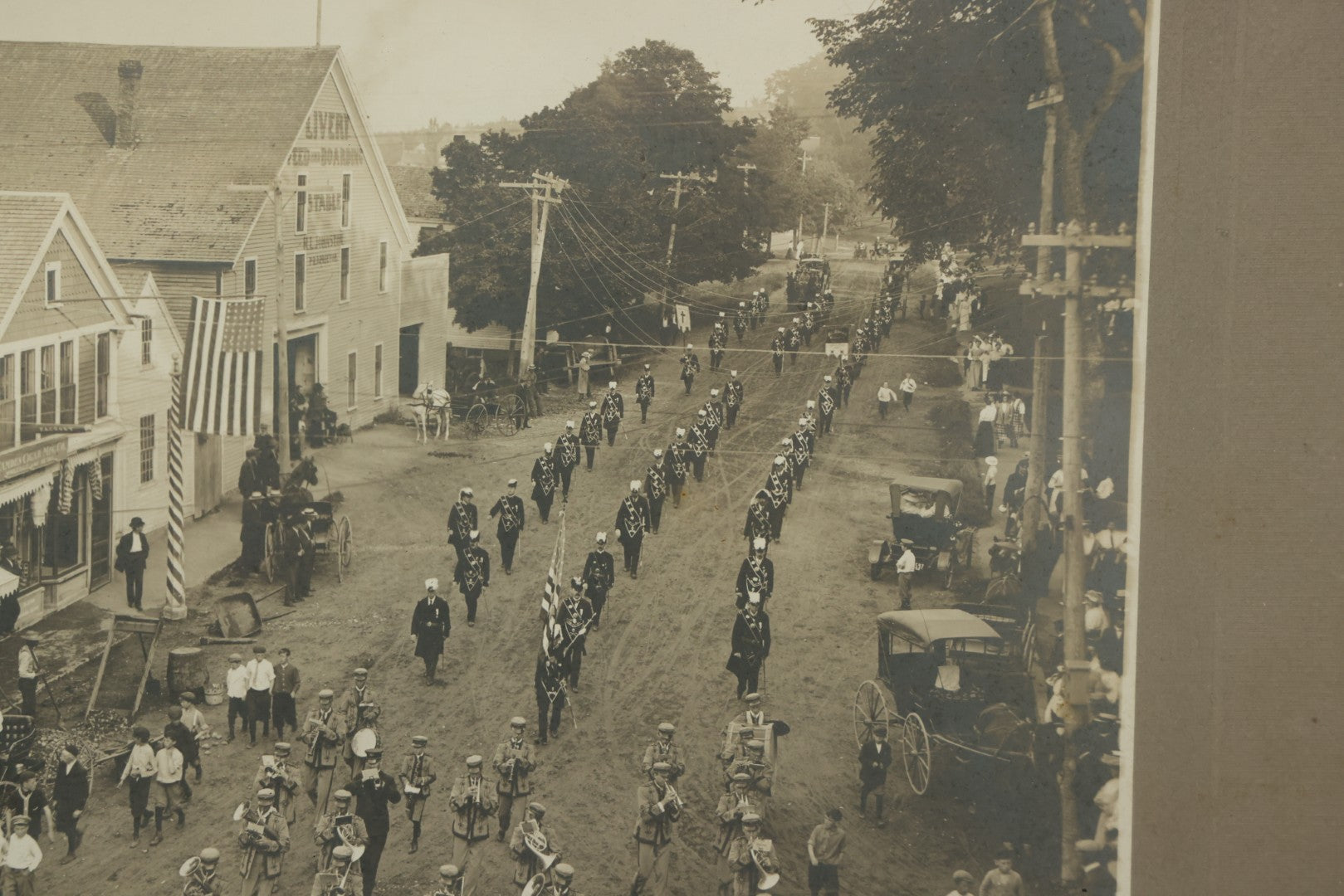 Lot 155 - Antique Boarded Photograph Of Parade On Chestnut Street, Camden, Maine, With Knights Templar / Masons With Skull And Crossbones Aprons Marching, Signed Harris Photo 1909, With Provenance Notes By Fred Crockett, Framed, 14-7/8" x 13"