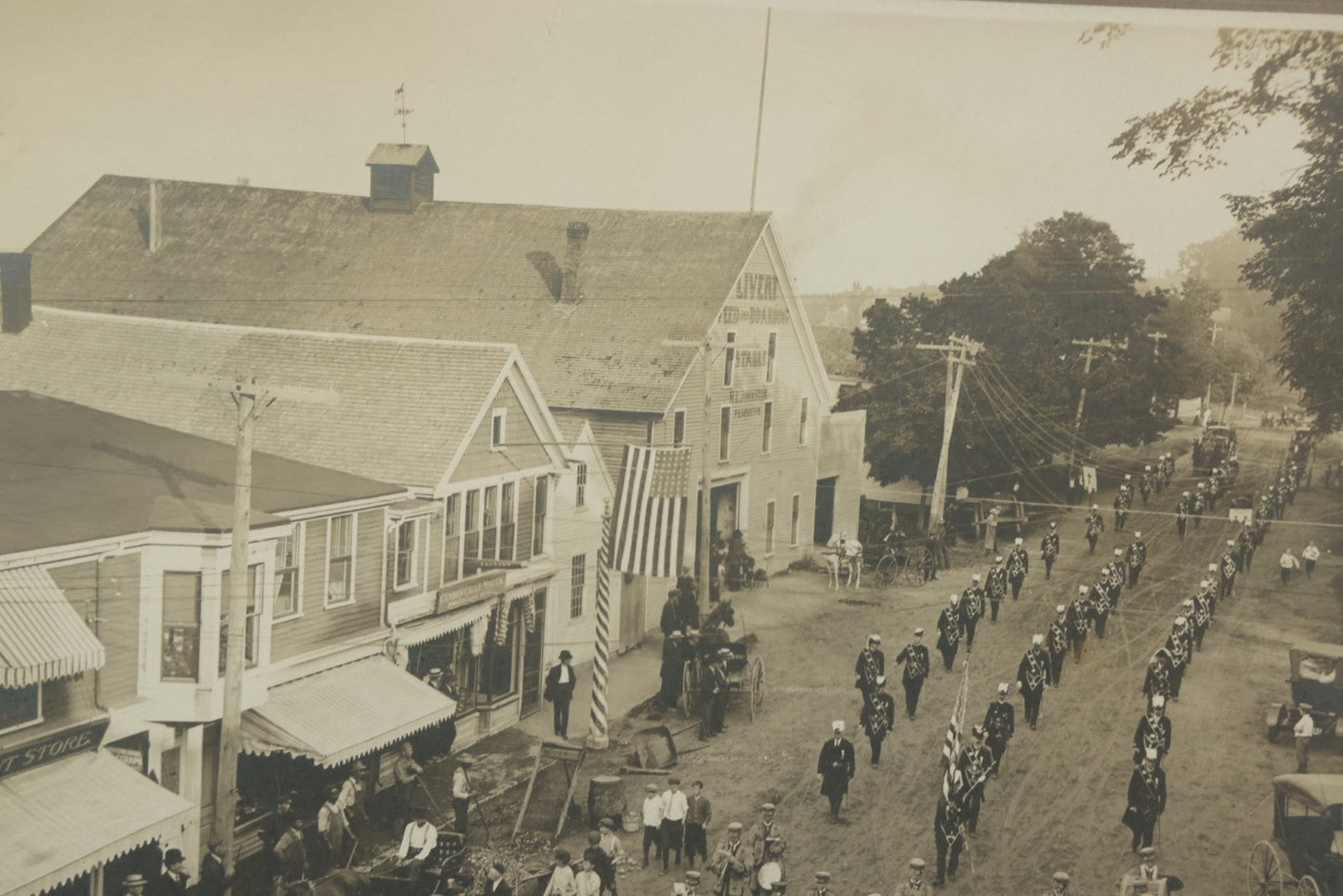Lot 155 - Antique Boarded Photograph Of Parade On Chestnut Street, Camden, Maine, With Knights Templar / Masons With Skull And Crossbones Aprons Marching, Signed Harris Photo 1909, With Provenance Notes By Fred Crockett, Framed, 14-7/8" x 13"