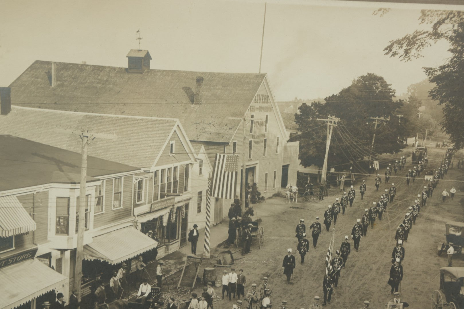 Lot 155 - Antique Boarded Photograph Of Parade On Chestnut Street, Camden, Maine, With Knights Templar / Masons With Skull And Crossbones Aprons Marching, Signed Harris Photo 1909, With Provenance Notes By Fred Crockett, Framed, 14-7/8" x 13"