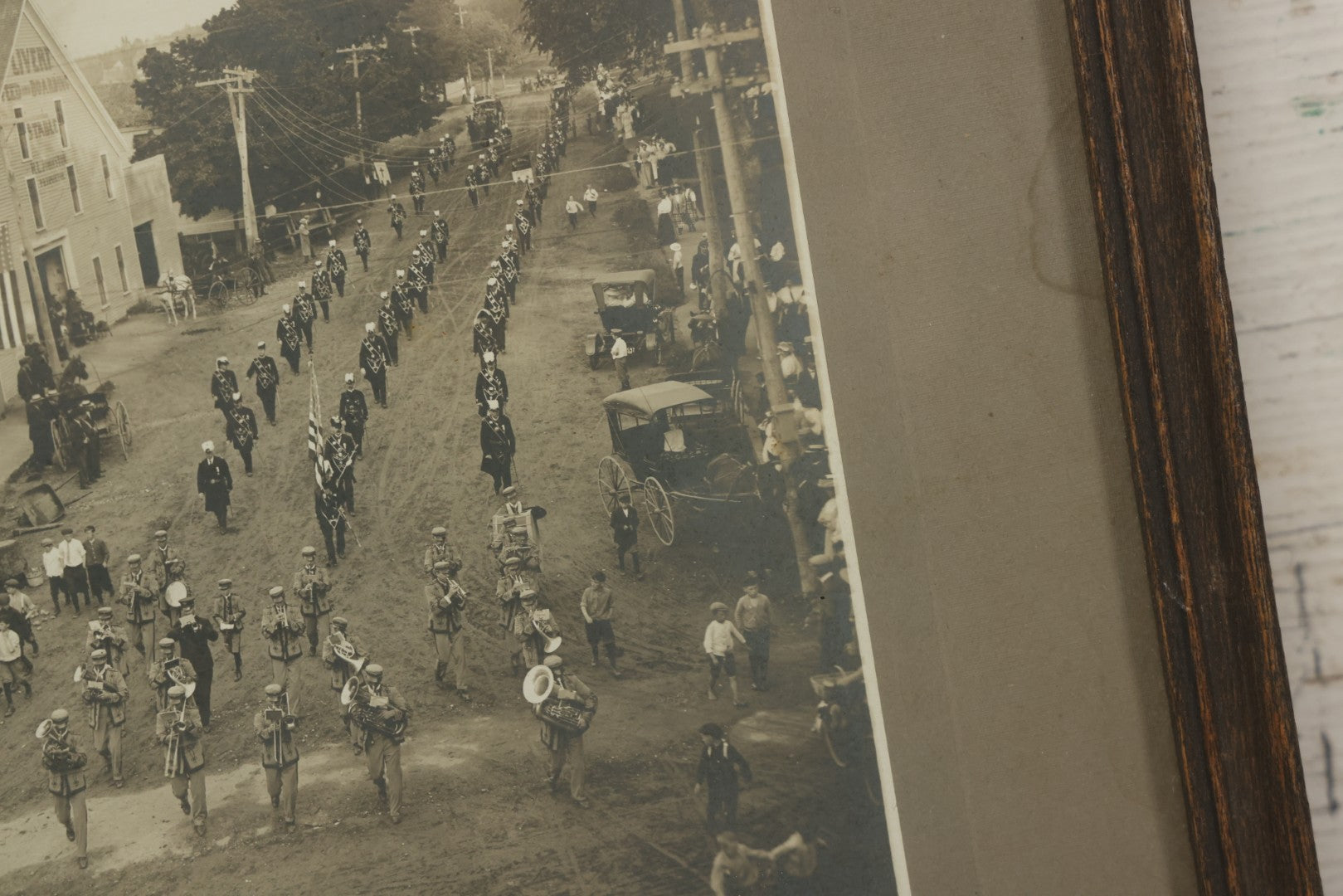 Lot 155 - Antique Boarded Photograph Of Parade On Chestnut Street, Camden, Maine, With Knights Templar / Masons With Skull And Crossbones Aprons Marching, Signed Harris Photo 1909, With Provenance Notes By Fred Crockett, Framed, 14-7/8" x 13"