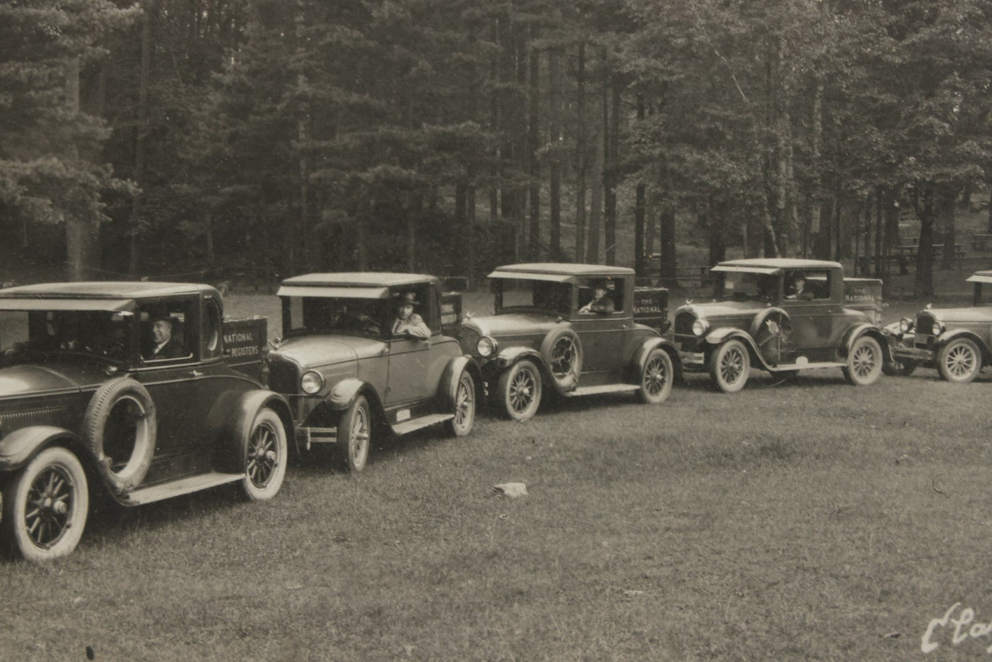 Lot 157 - Antique Photograph Of Early Automobiles Carrying “National Register” Crates, Signed Clark, Framed By Geo. E. Chalmers Co., Rutland, Vermont, Framed, 10" x 8"