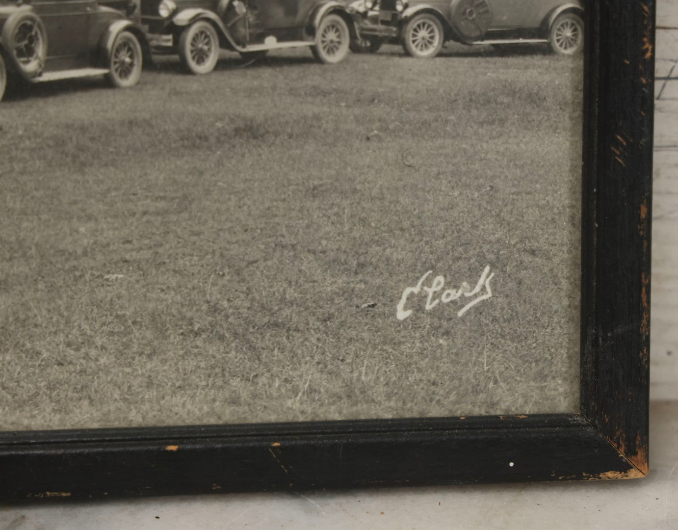 Lot 157 - Antique Photograph Of Early Automobiles Carrying “National Register” Crates, Signed Clark, Framed By Geo. E. Chalmers Co., Rutland, Vermont, Framed, 10" x 8"