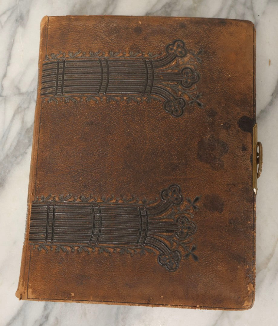 Lot 159 - Antique Victorian Family Photo Album With Brown Leather Covers And Brass Clasp Containing 18 Cabinet Cards, 13 Carte De Visite CDV Photographs, 9 Tintypes, And 4 Long Cabinet Cards Including Hidden Mother And Black Baby Portraits