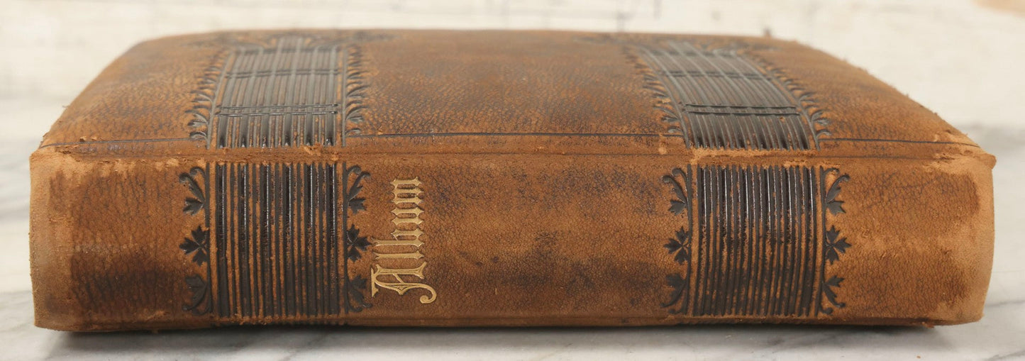 Lot 159 - Antique Victorian Family Photo Album With Brown Leather Covers And Brass Clasp Containing 18 Cabinet Cards, 13 Carte De Visite CDV Photographs, 9 Tintypes, And 4 Long Cabinet Cards Including Hidden Mother And Black Baby Portraits