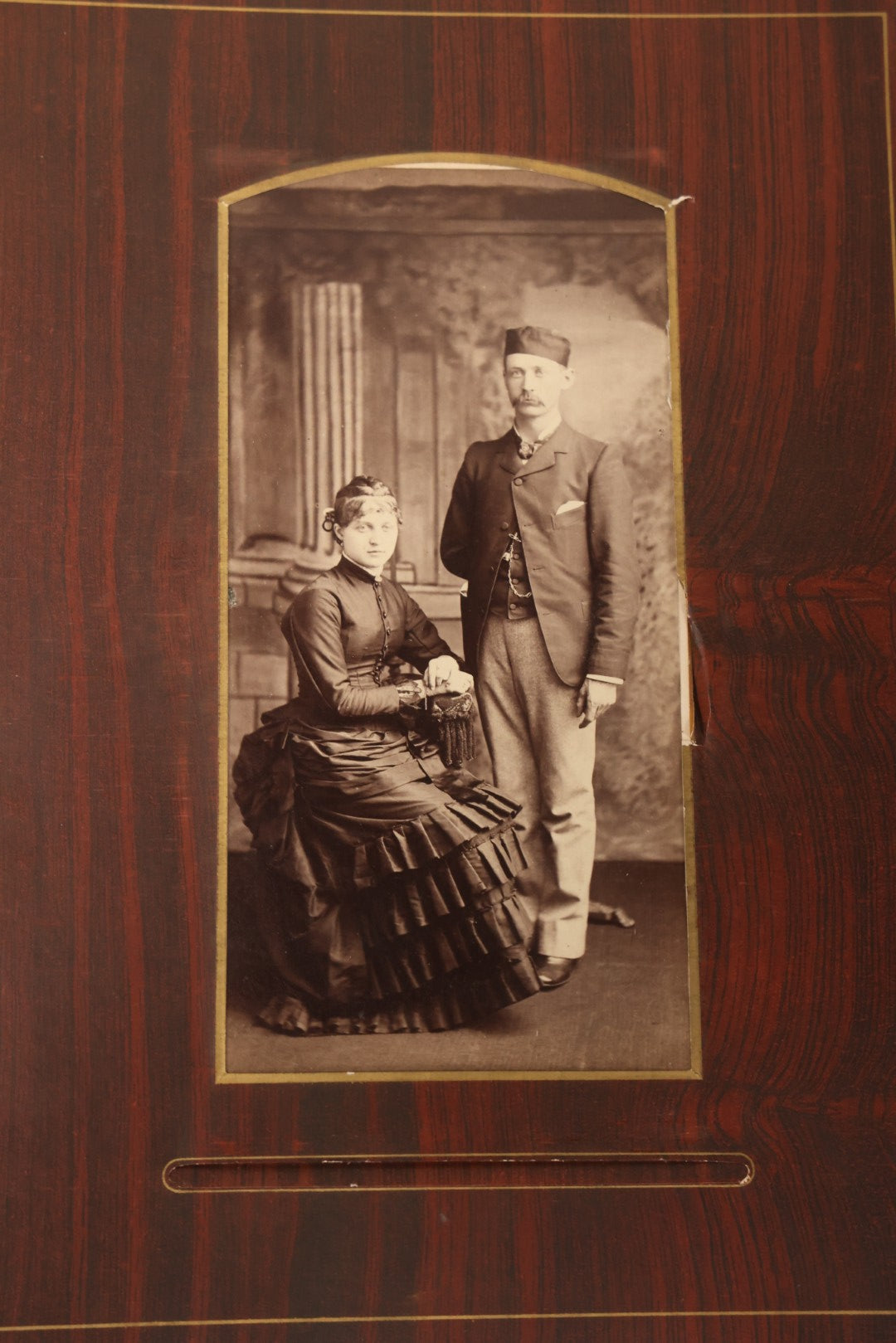 Lot 159 - Antique Victorian Family Photo Album With Brown Leather Covers And Brass Clasp Containing 18 Cabinet Cards, 13 Carte De Visite CDV Photographs, 9 Tintypes, And 4 Long Cabinet Cards Including Hidden Mother And Black Baby Portraits