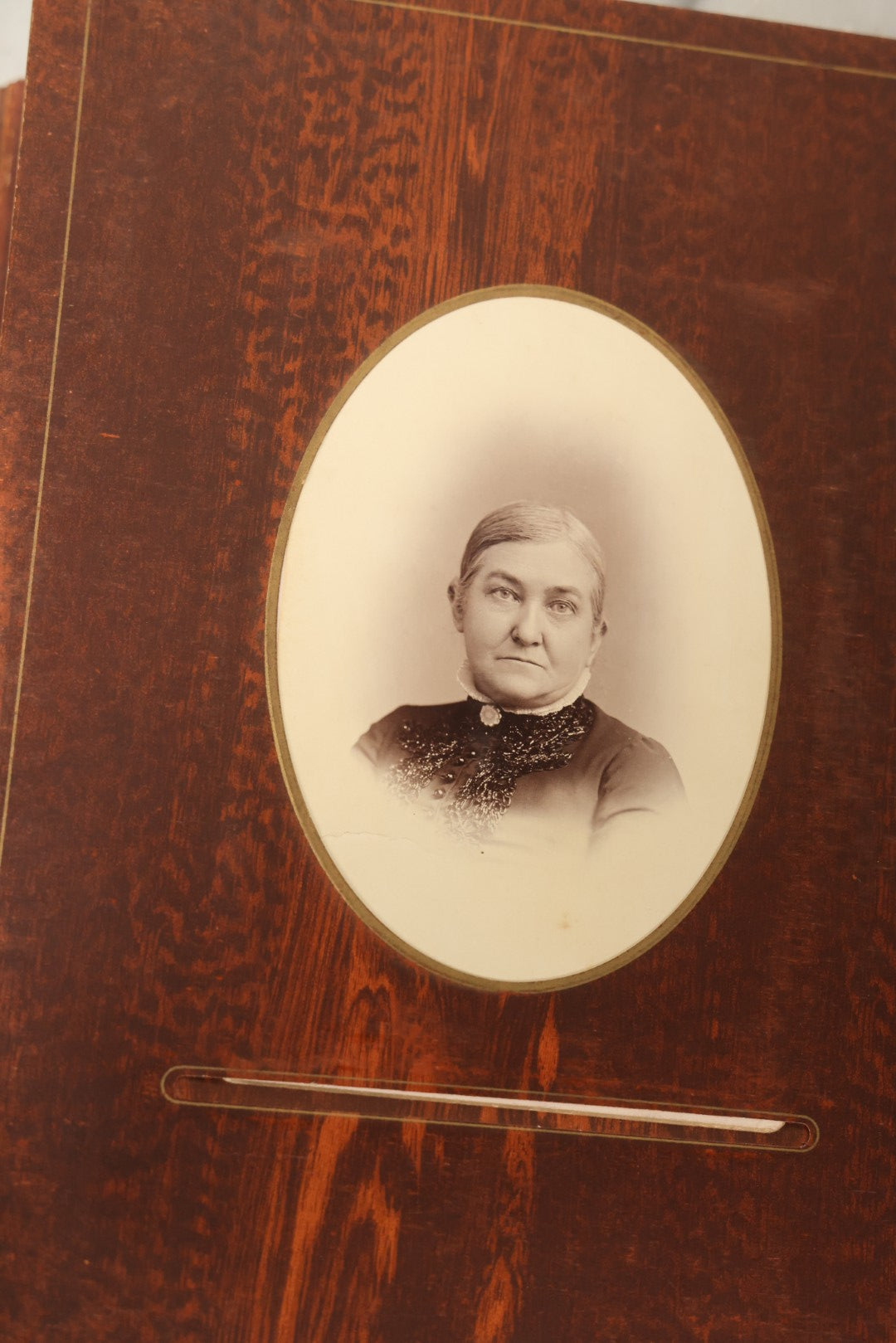 Lot 159 - Antique Victorian Family Photo Album With Brown Leather Covers And Brass Clasp Containing 18 Cabinet Cards, 13 Carte De Visite CDV Photographs, 9 Tintypes, And 4 Long Cabinet Cards Including Hidden Mother And Black Baby Portraits